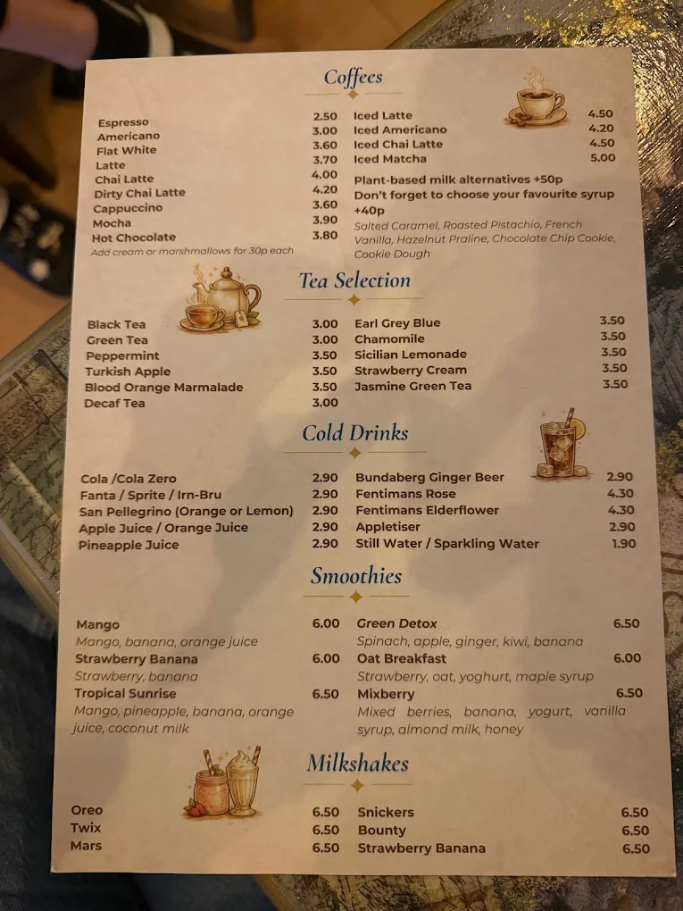 Toastea drinks menu with coffee, tea, smoothies and milkshakes