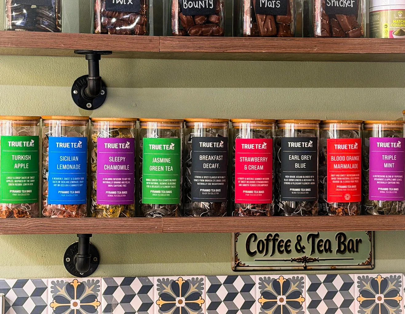 Toastea coffee and tea bar shelves